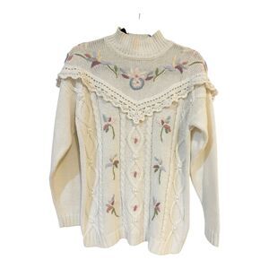 Max And Diane VTG Embroidered Sweater Cottage Core Granny Crochet Lace Floral S